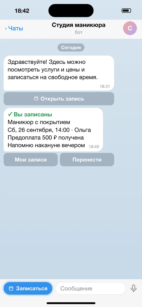 Чат с ботом: кнопка «Записаться» внизу открывает мини-приложение, а после записи бот присылает подтверждение
