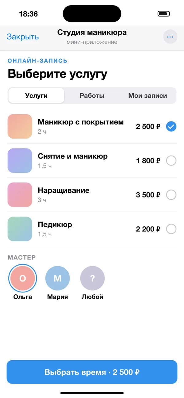 Мини-приложение открылось поверх чата: услуги, цены, мастера