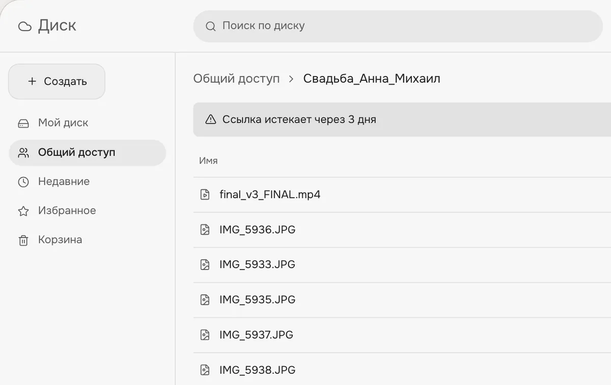 Так обычно выглядит фильм в облаке: технические имена файлов и предупреждение о сроке ссылки