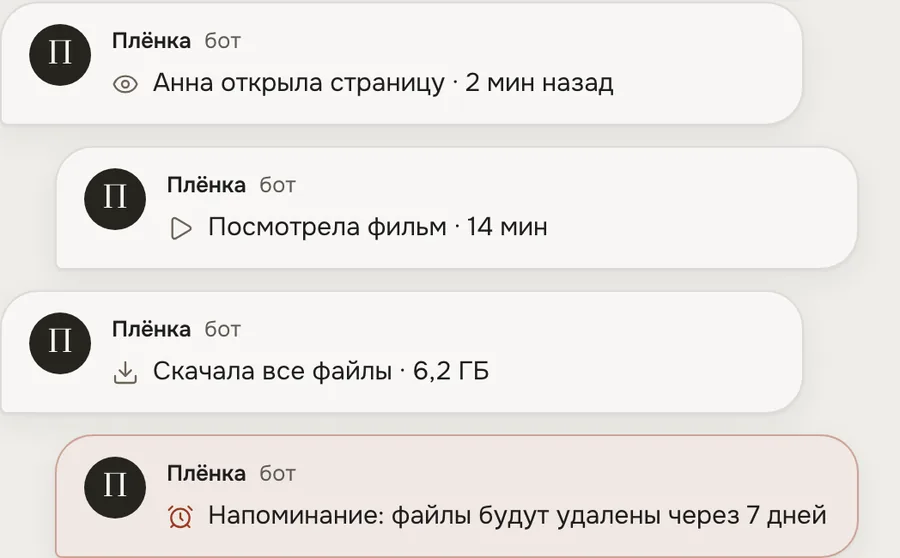 Уведомления от бота Плёнки в Telegram